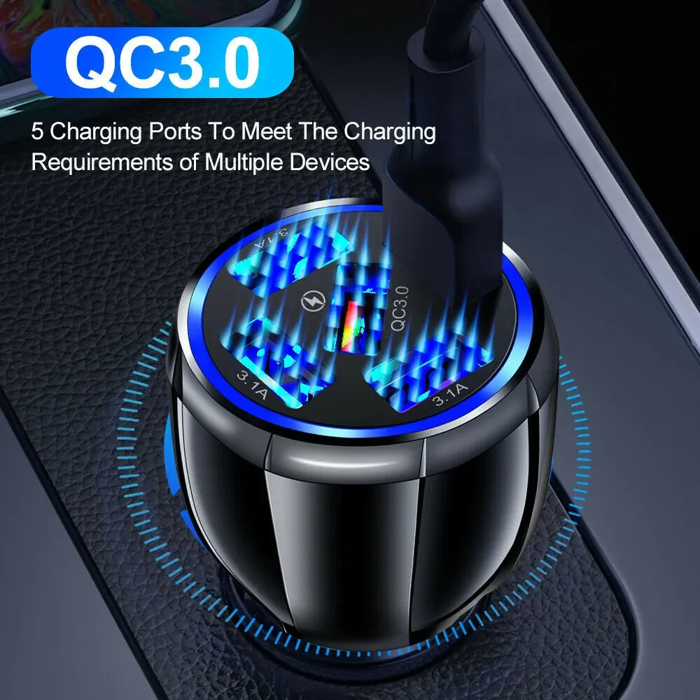 PBG 5 Port LED Car Charger and 4 in 1 Nylon 4 FT Charging Cable Bundle - Picture 3 of 10
